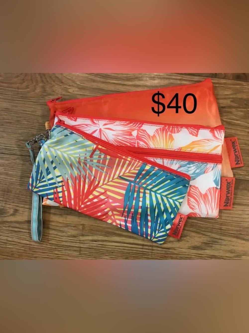 Norwex Tropical Palm Print Zip Pouch 3 Piece Set in Coral and Teal